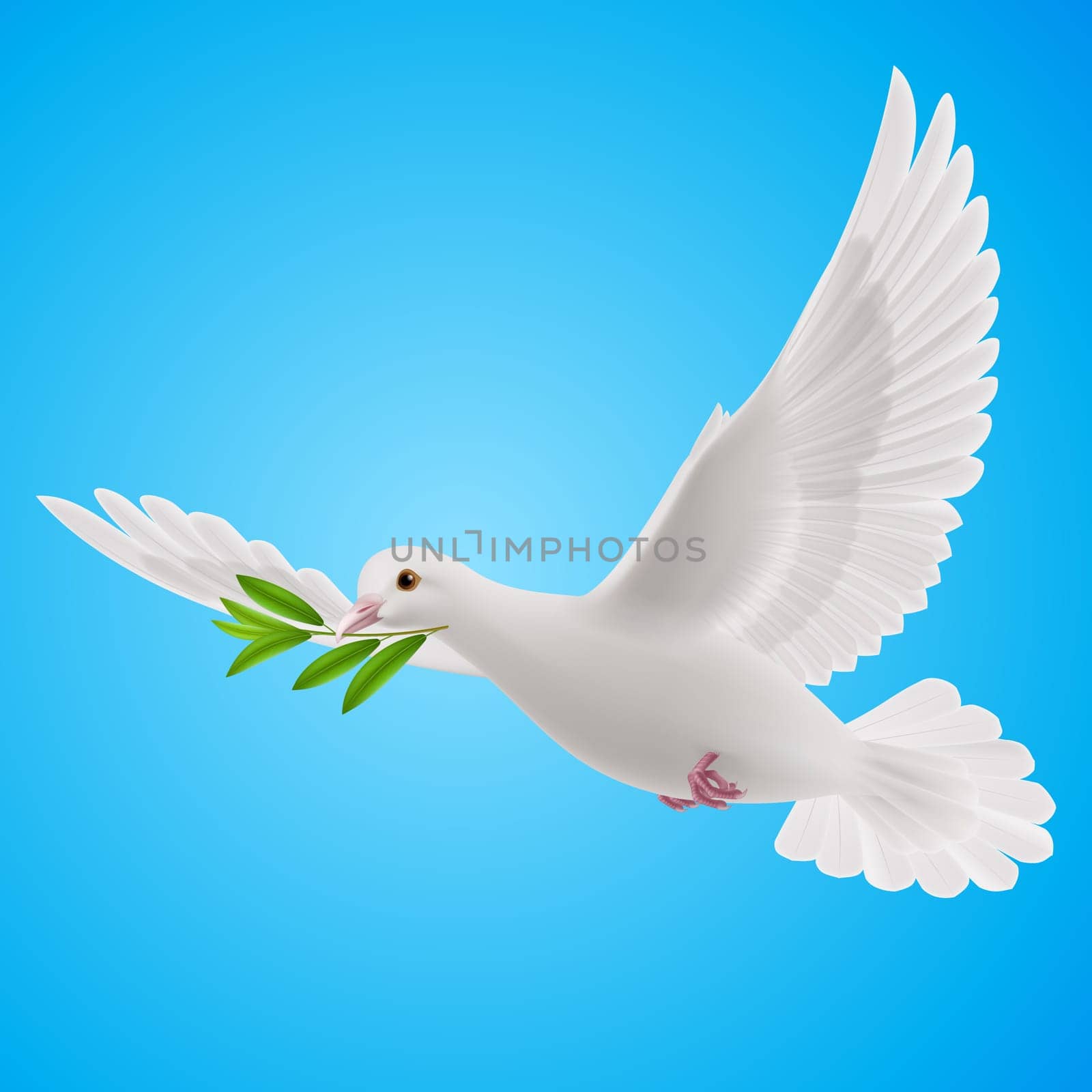 Dove of peace flying with a green twig after flood on blue background