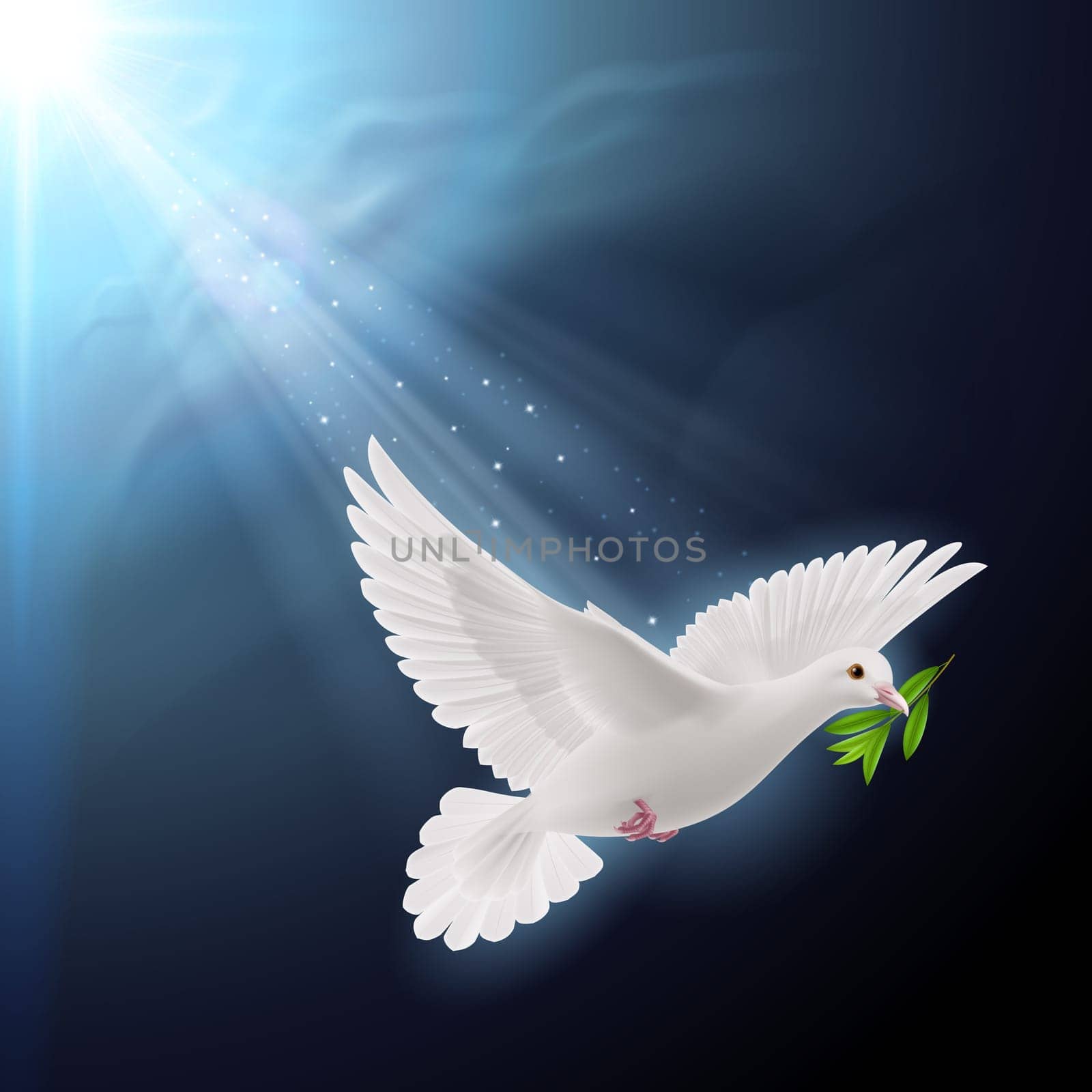 Dove of peace flying with a green twig after flood on dark background