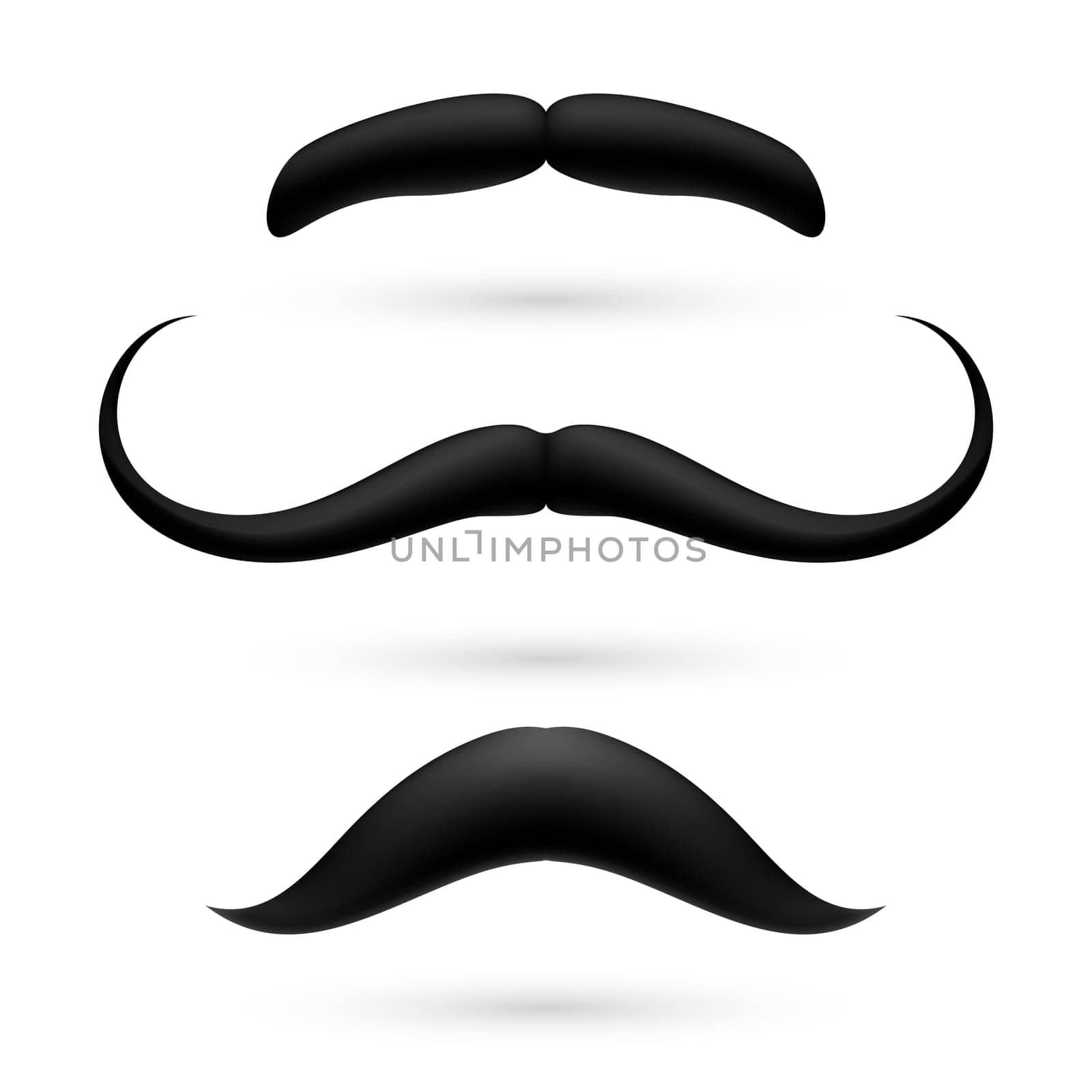 A set of three black wax mustache on white.