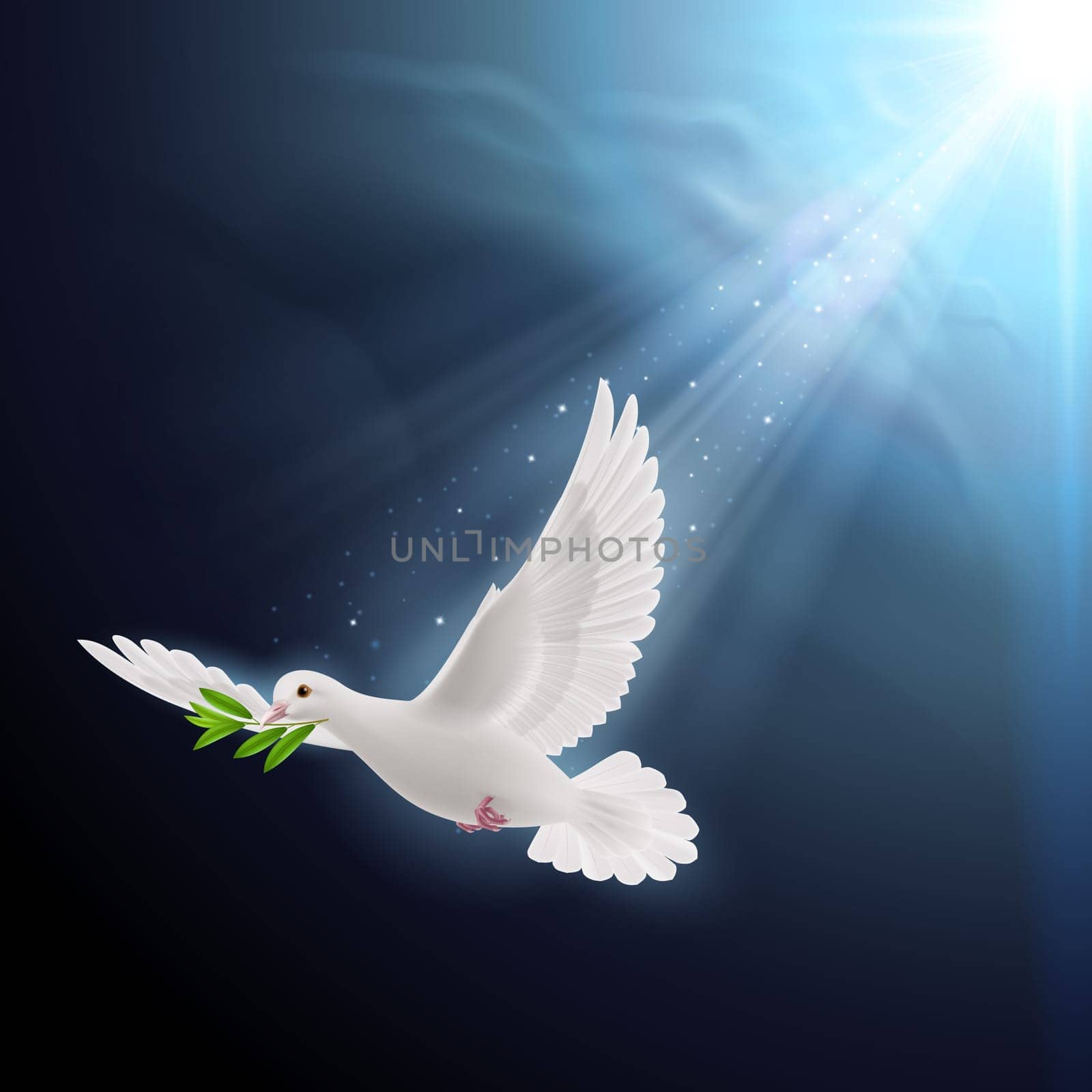 Dove of peace flying with a green twig after a flood