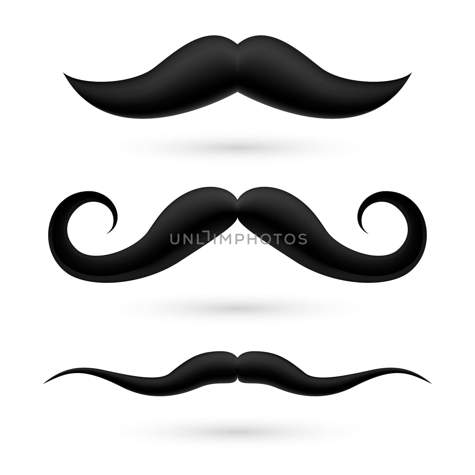 A set of three black wax moustache on white.