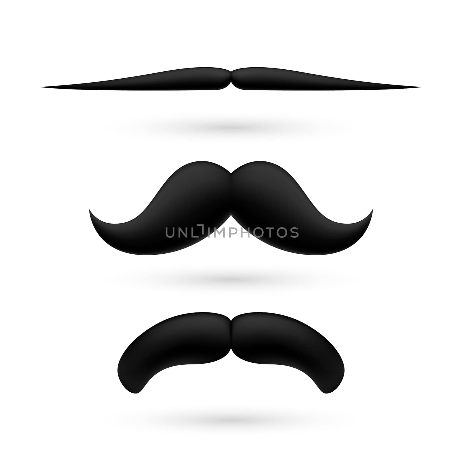 A set of three black wax moustache on white background.