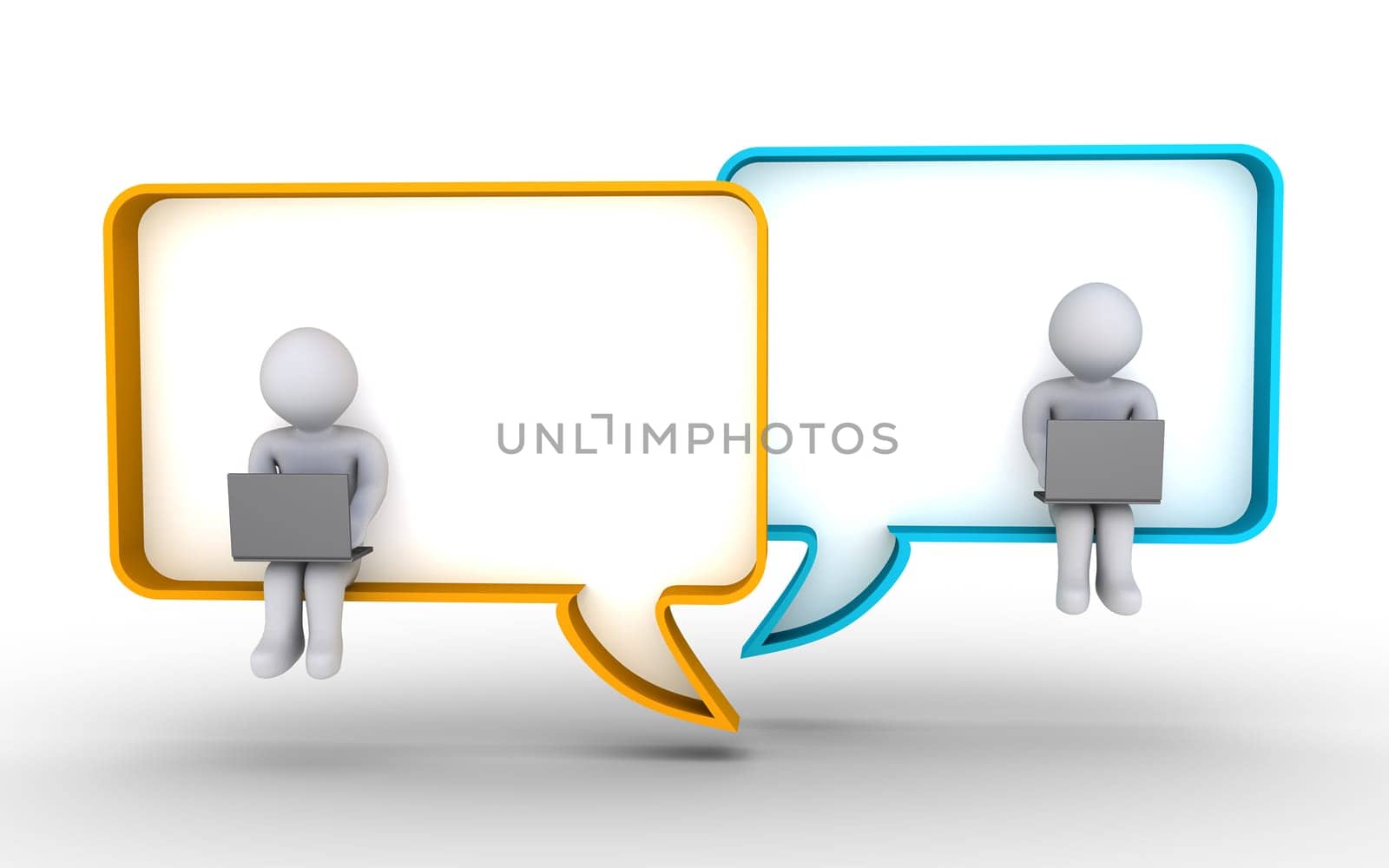 Two people with laptops are sitting on cartoon bubbles