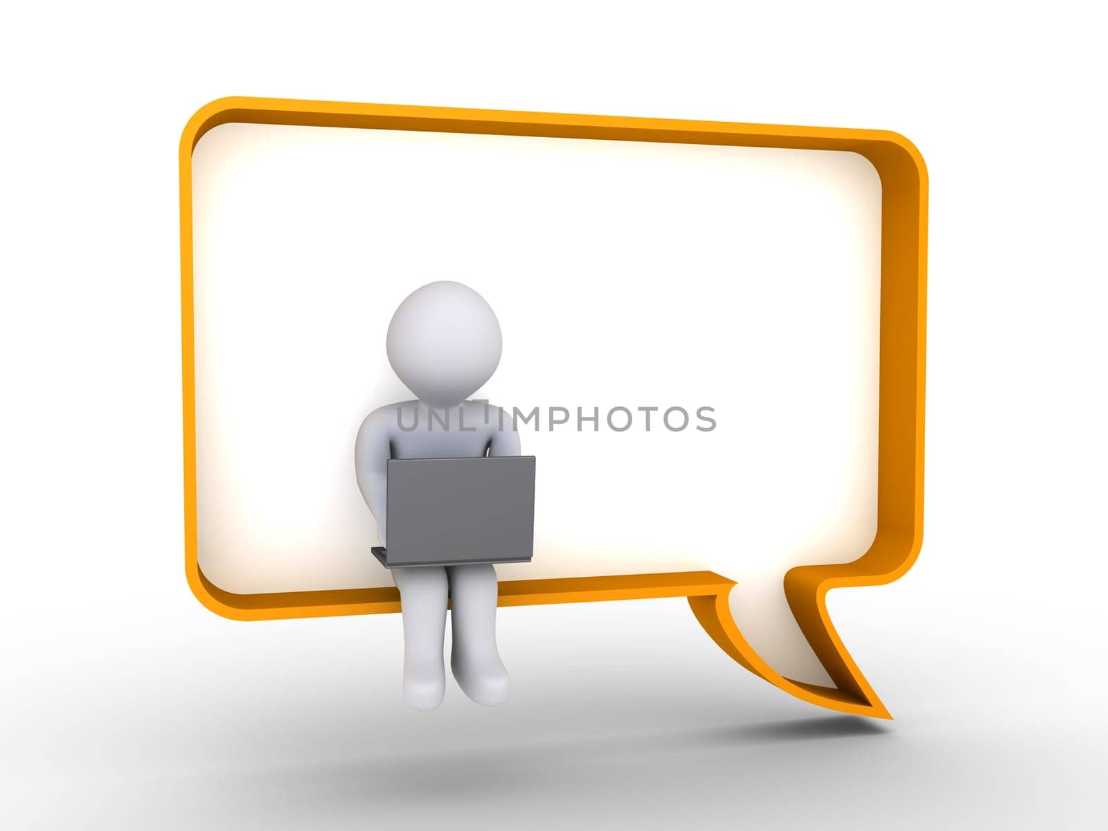 3d person with laptop is sitting on a cartoon bubble