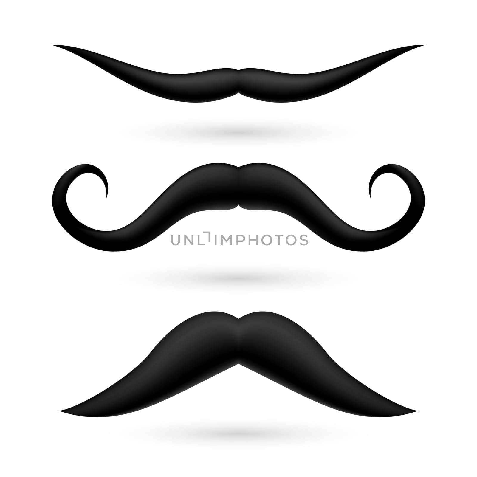 A set of three fake moustache on white background.