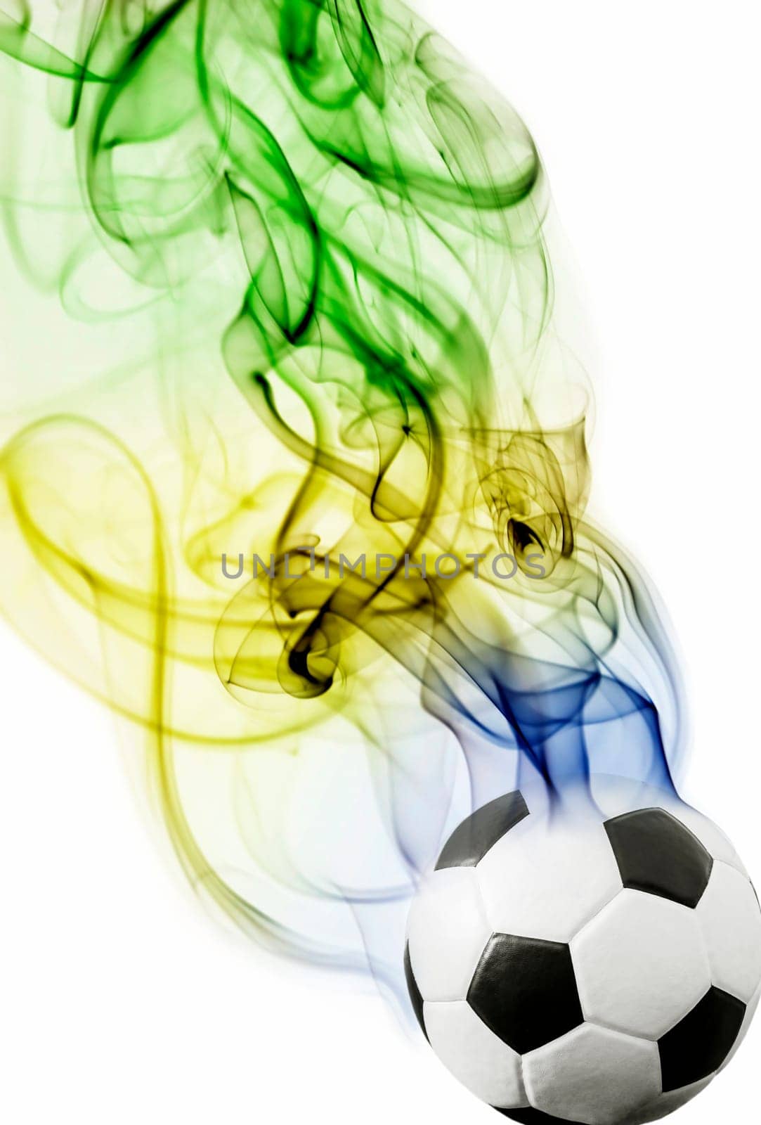 Soccer ball on blue, yellow and green background representing the colors of the Brazil flag