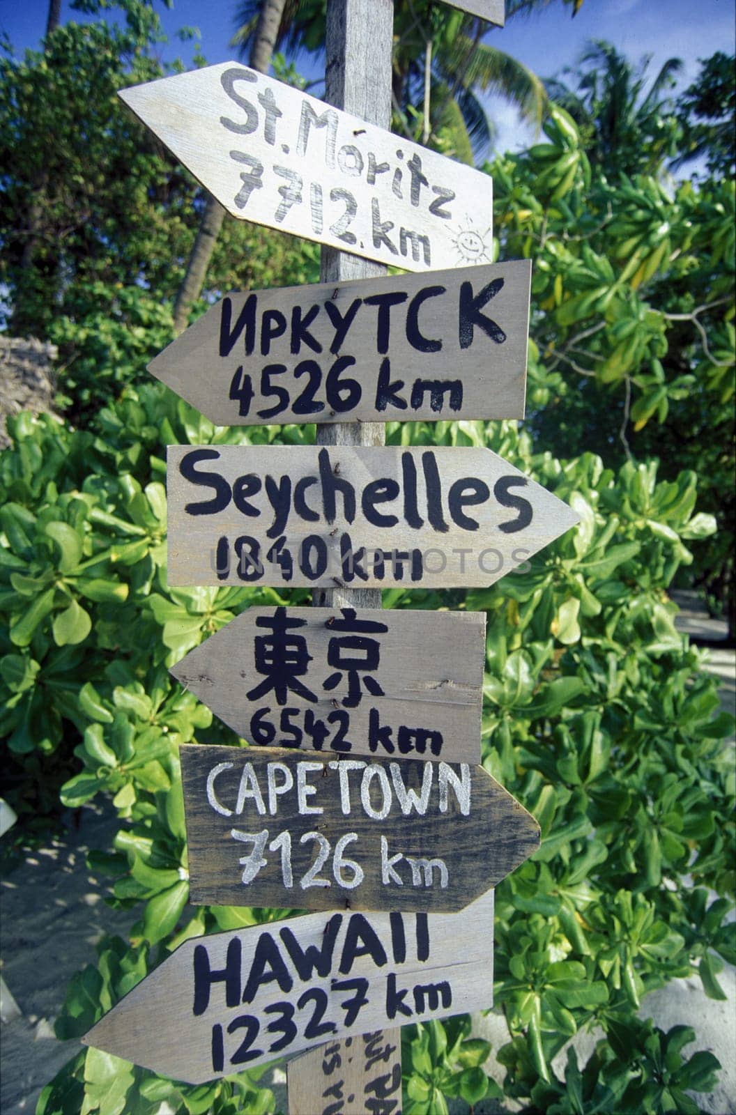 Signposts and distances on one of the islands of the Maldives in the Indian Ocean.