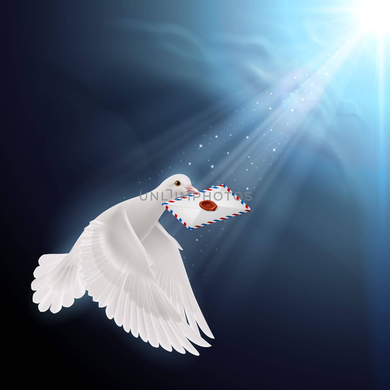 Pigeon flying with letter in beak in sunlight