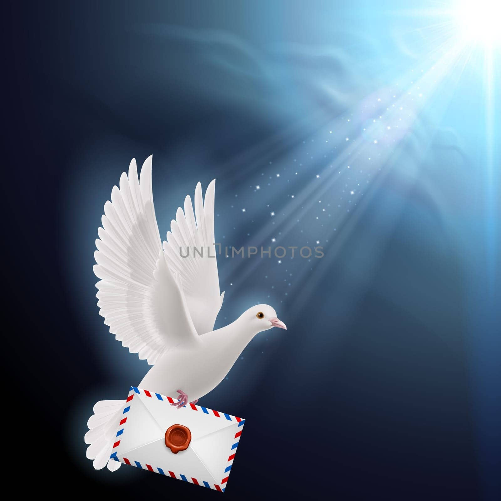 Pigeon fly with mail  into sunlight
