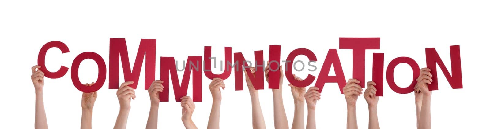 Many Hands Holding the Red Word Communication, Isolated