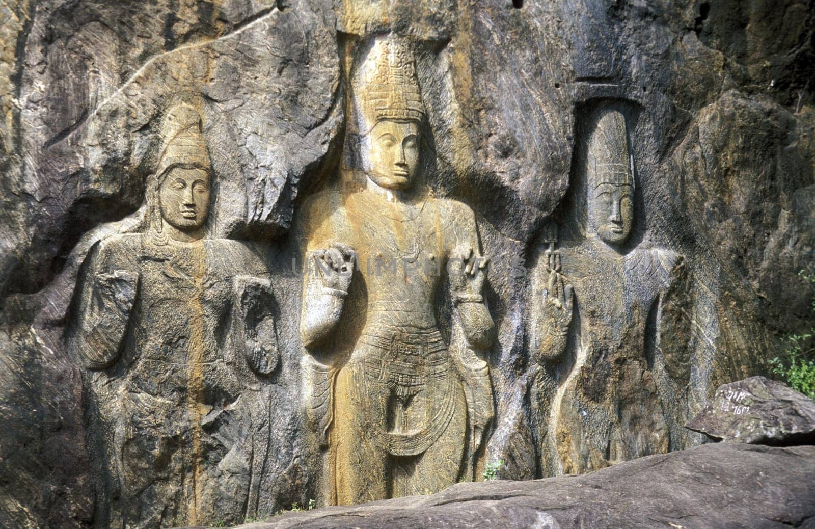 The rock Buddha statues at Buduruvagala in the south of the island of Sri Lanka in the Indian Ocean.