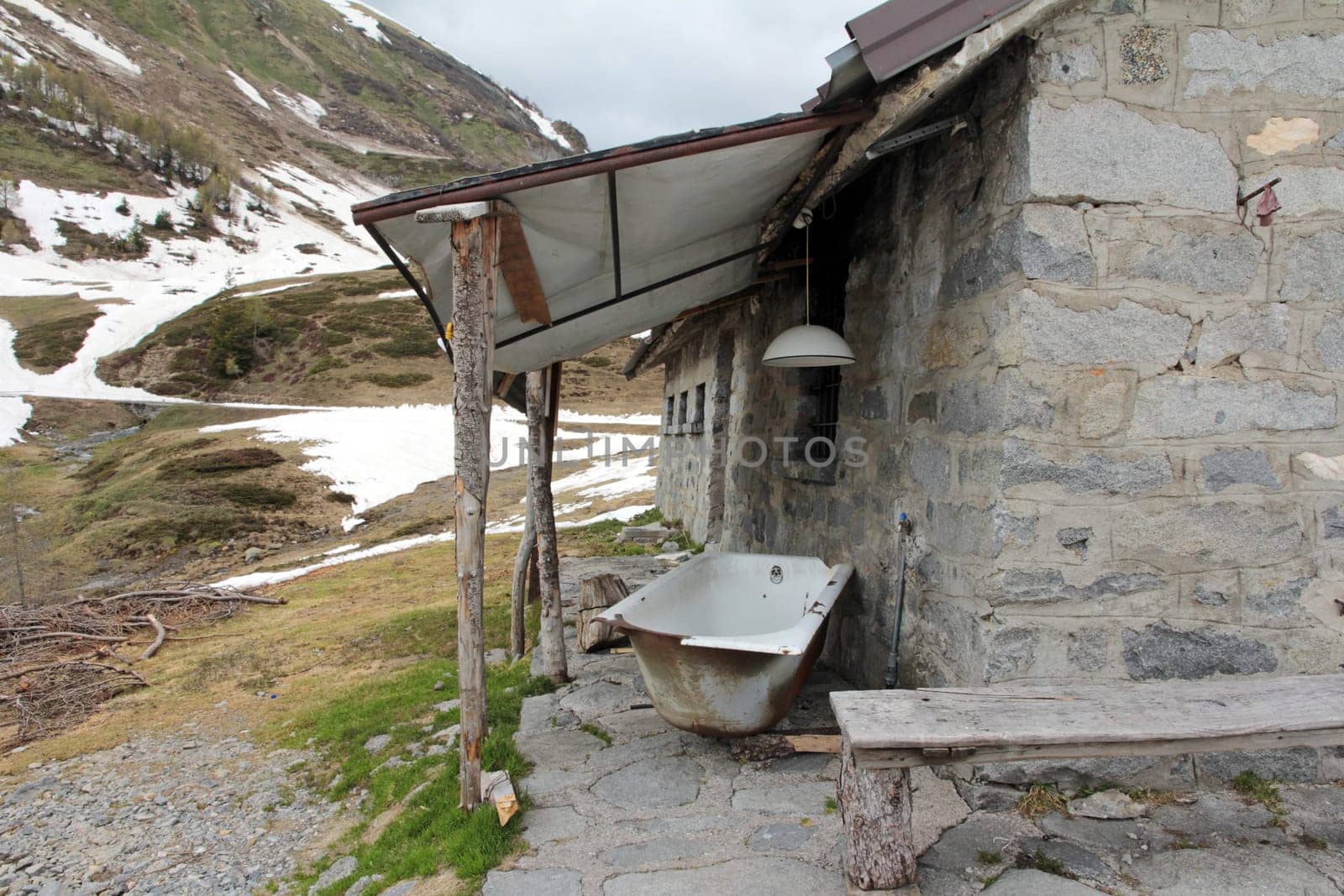 Primitive bathing on a mountain hut