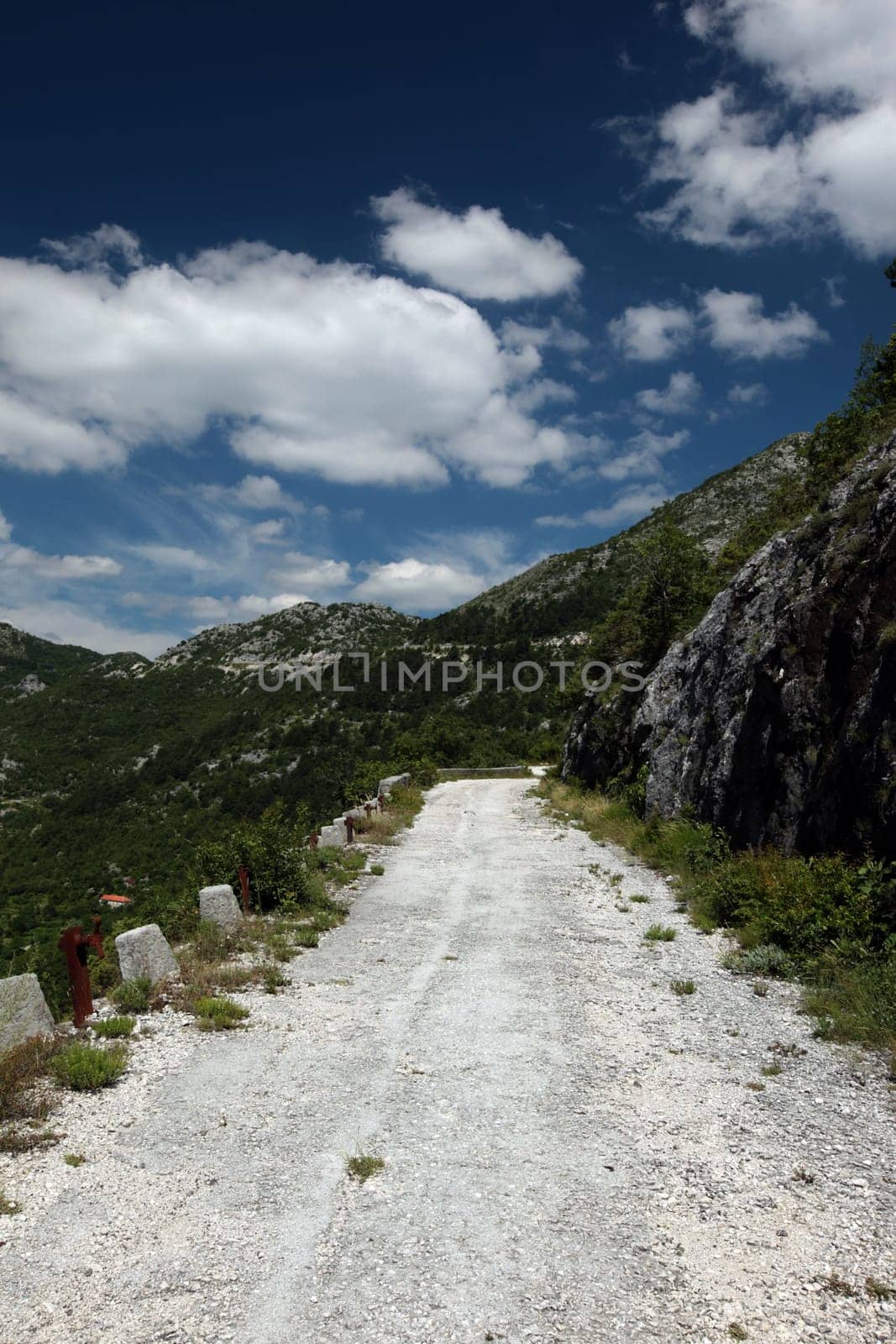 The landscape with the pass road between Rijeka Crnojevica and Cetinje in Montenegro in Europe.