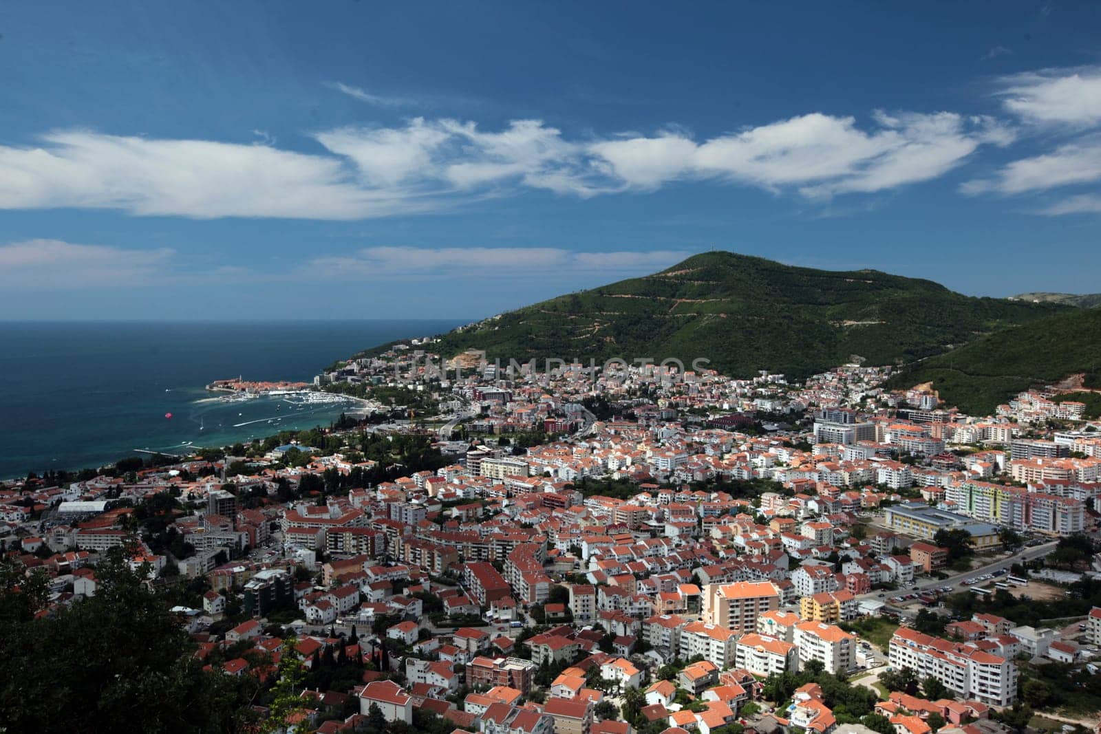 The city of Budva on the Mediterranean coast in Montenegro in the Balkans in Eastern Europe.