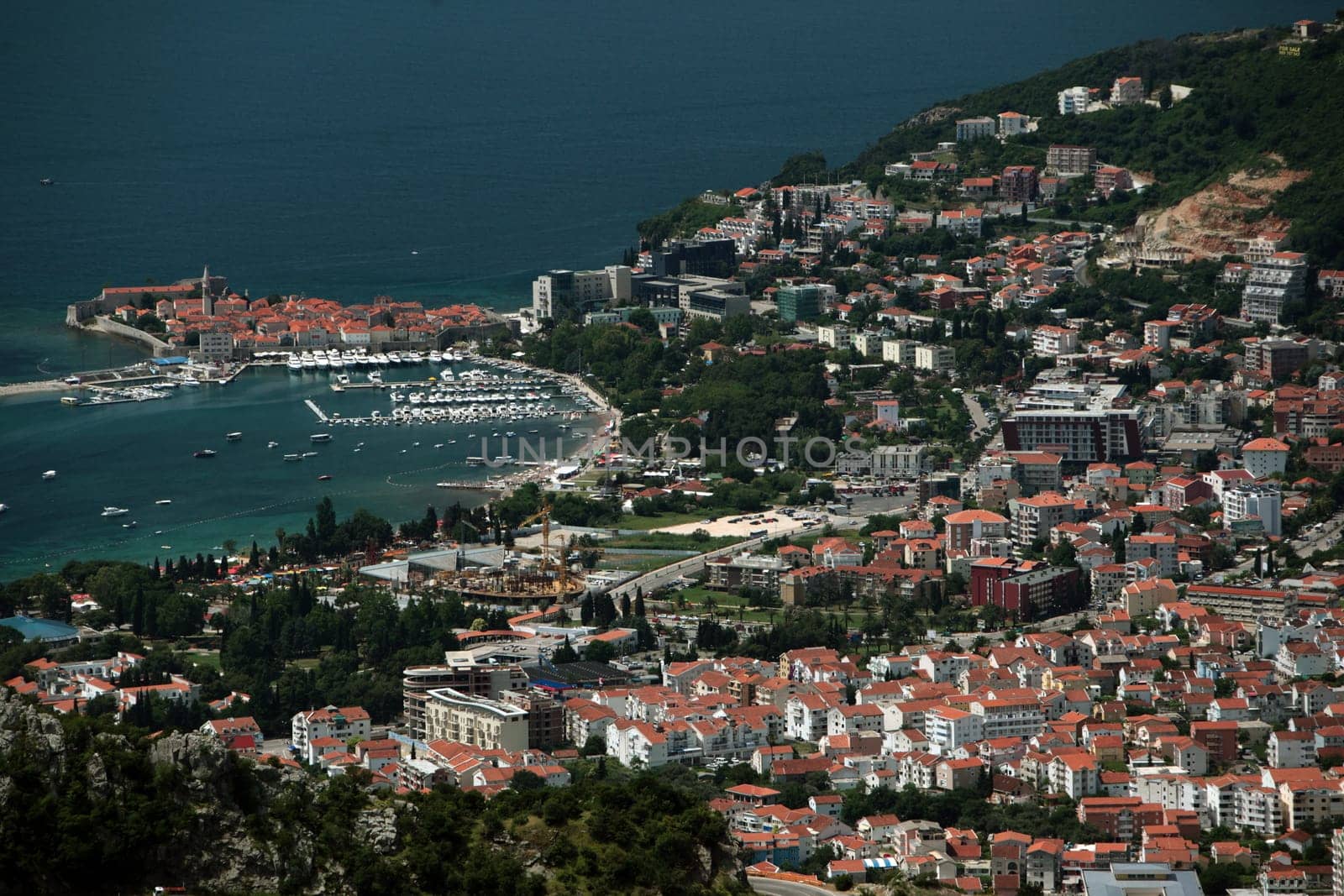 The city of Budva on the Mediterranean coast in Montenegro in the Balkans in Eastern Europe.