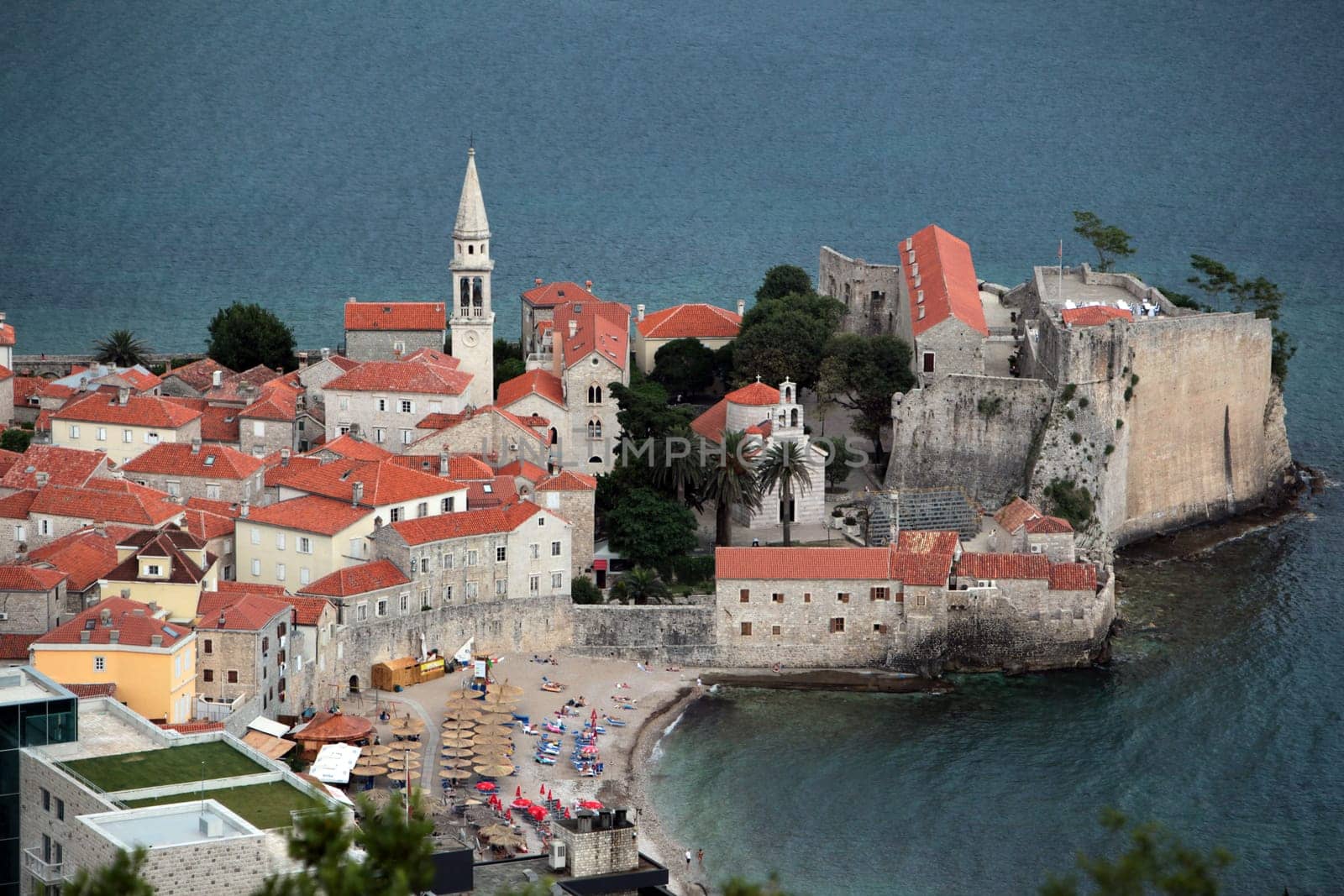 The city of Budva on the Mediterranean Sea in Montenegro in the Balkans in Europe.