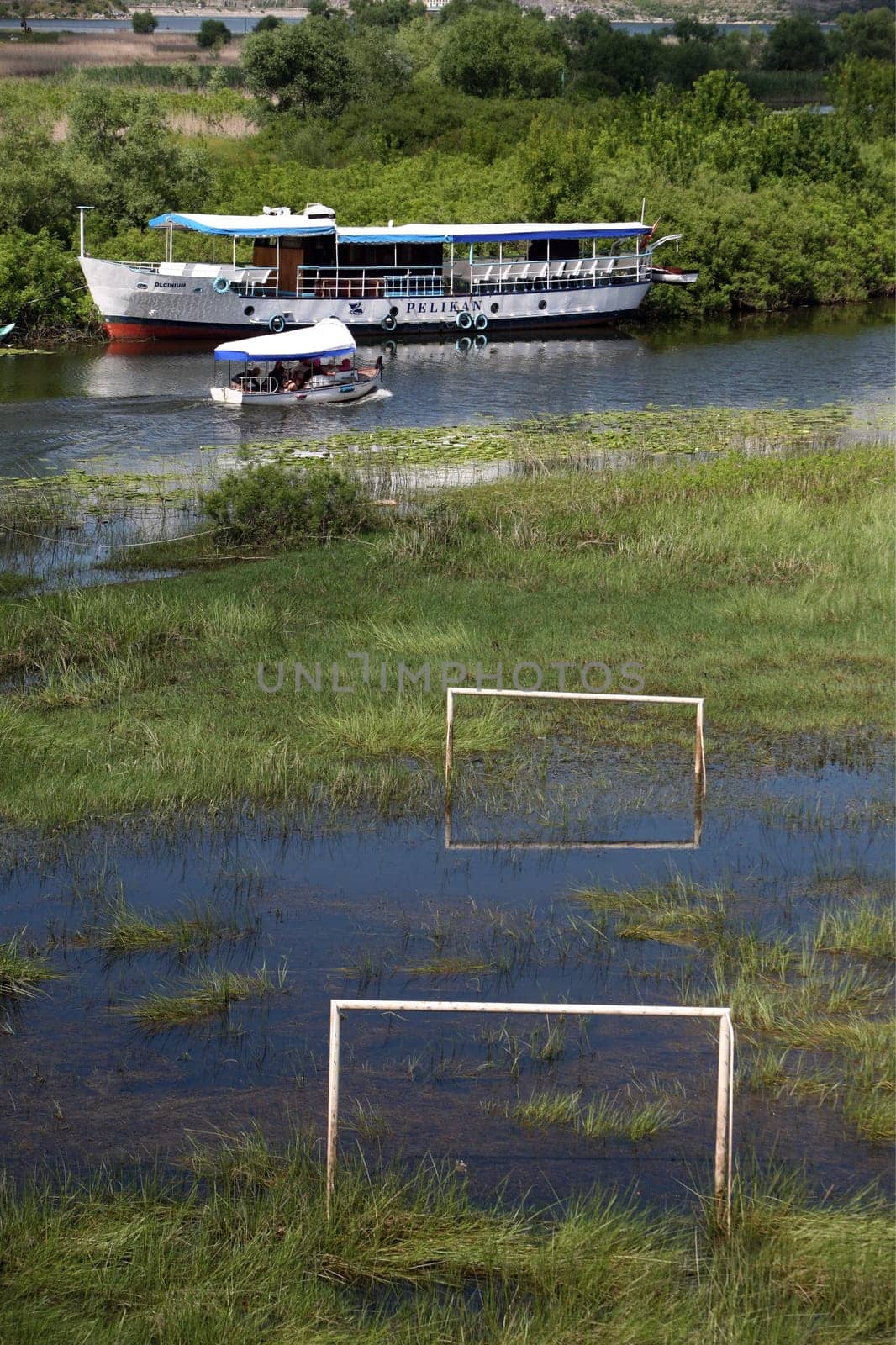 The landscape with a football court on the shores of Lake Skadar or Skadarsko Jezero in Virpazar in Montenegro in Europe.