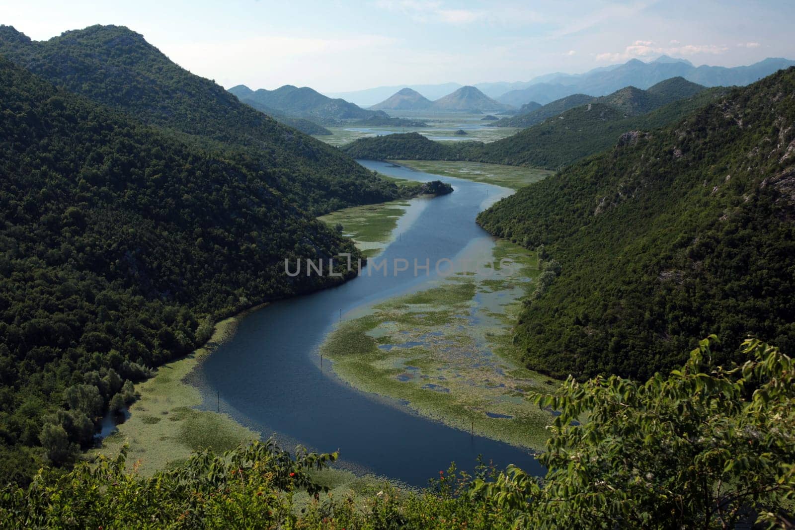 The landscape at Rijeka Crnojevica with the river Rijeka Crnojevica at the western end of the Skadarsko Jezero lake or Skadar lake in Central Montenegro in Montenegro in the Balkans on the Mediterranean Sea in Europe.