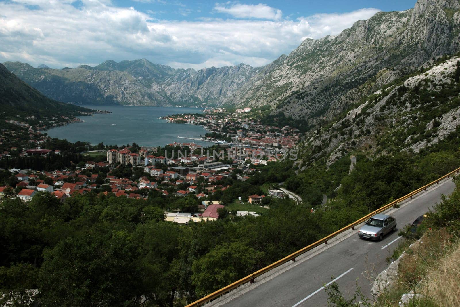 The old town of Kotor in the inner bay of Kotor in Montenegro in the Balkans on the Mediterranean Sea in Europe.