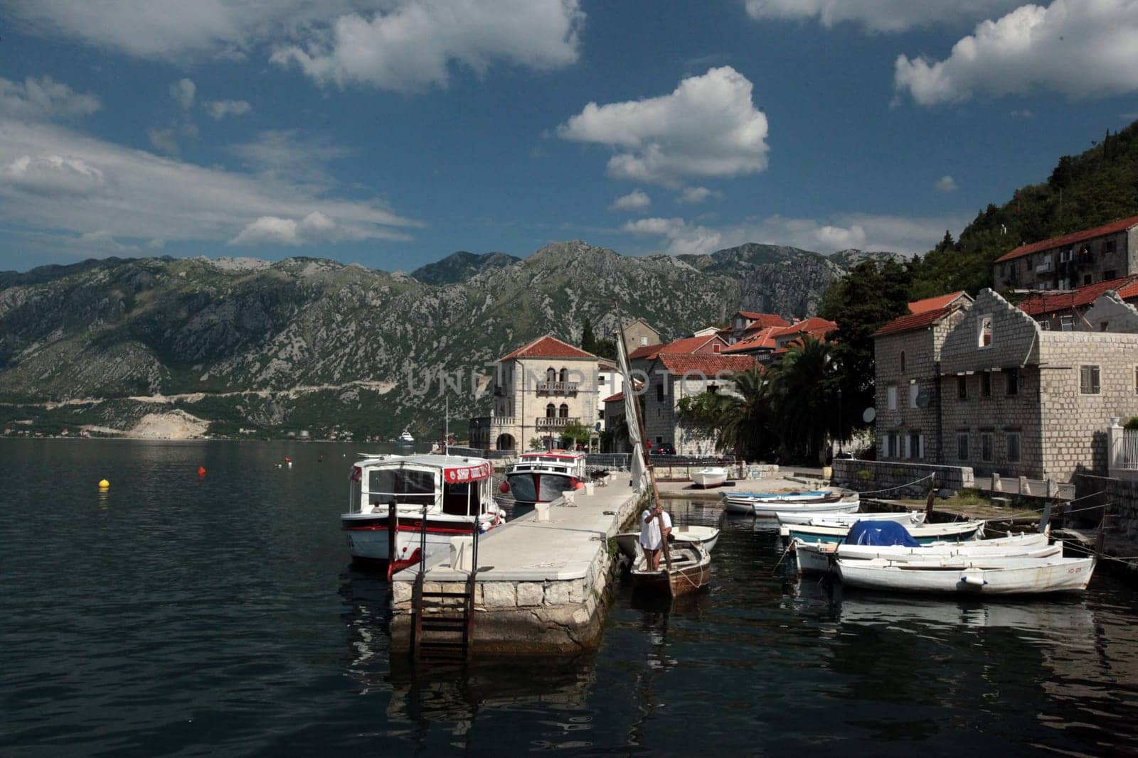 The village of Persat in the bay of Kotor on the Mediterranean Sea in Montenegro in the Balkans in Europe.