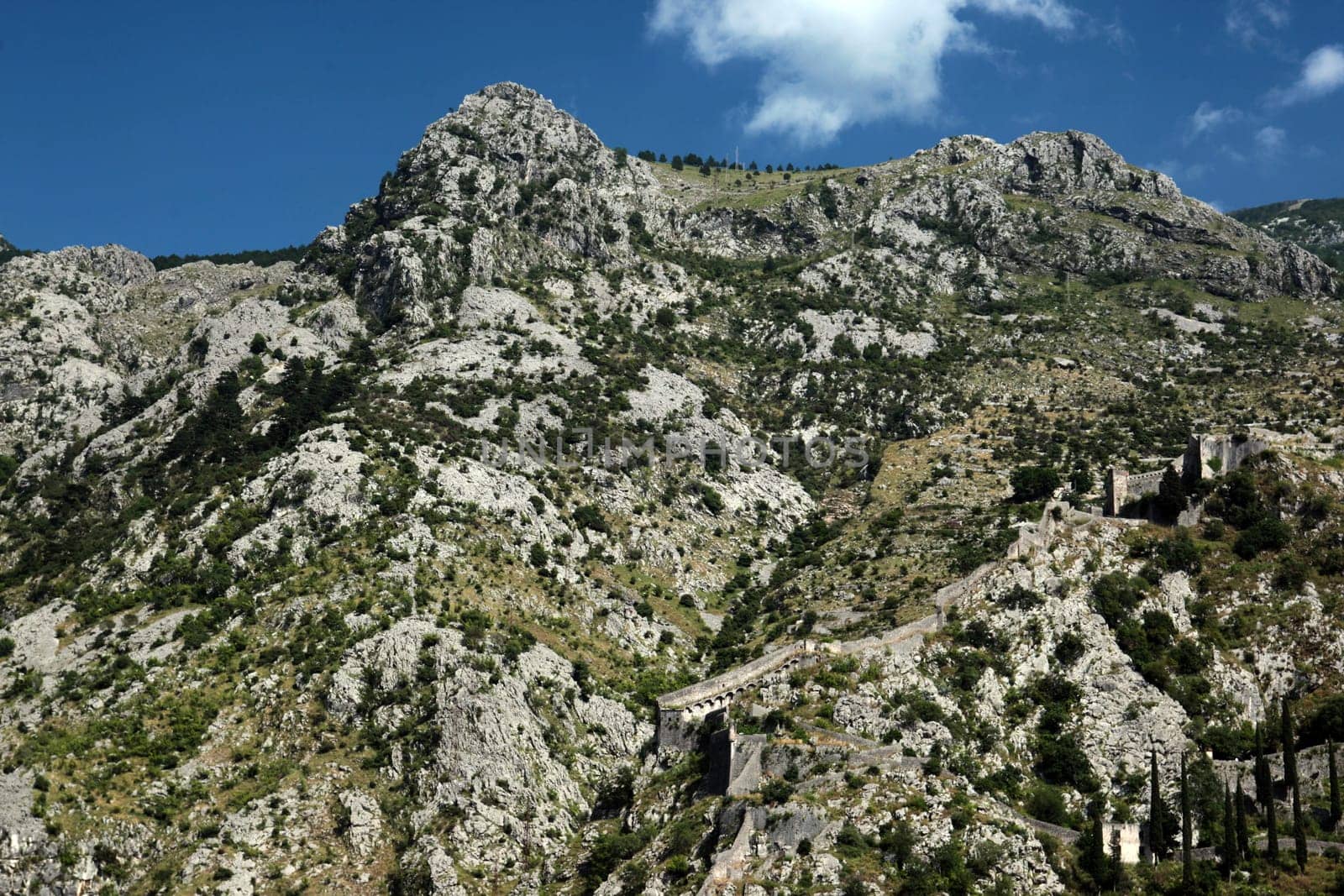 The mountain landscape with the city wall of Kotor in the inner bay of Kotor on the Mediterranean Sea in Montenegro in Europe.
