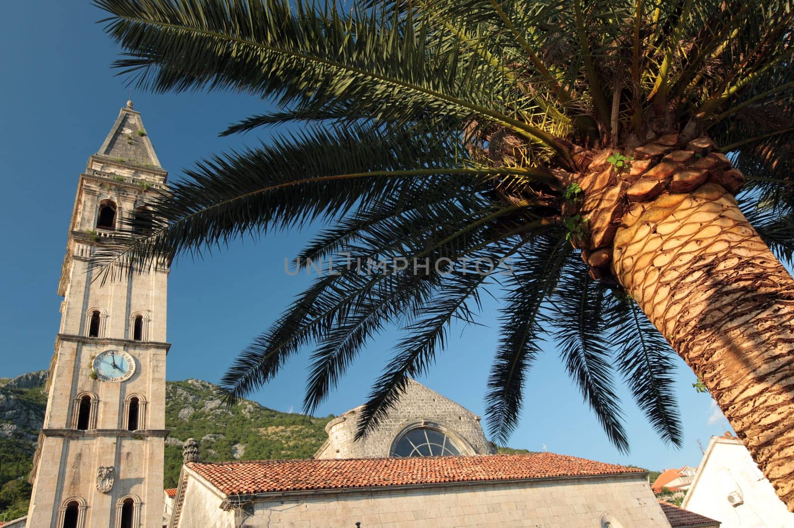 The village of Persat in the bay of Kotor on the Mediterranean Sea in Montenegro in the Balkans in Europe.