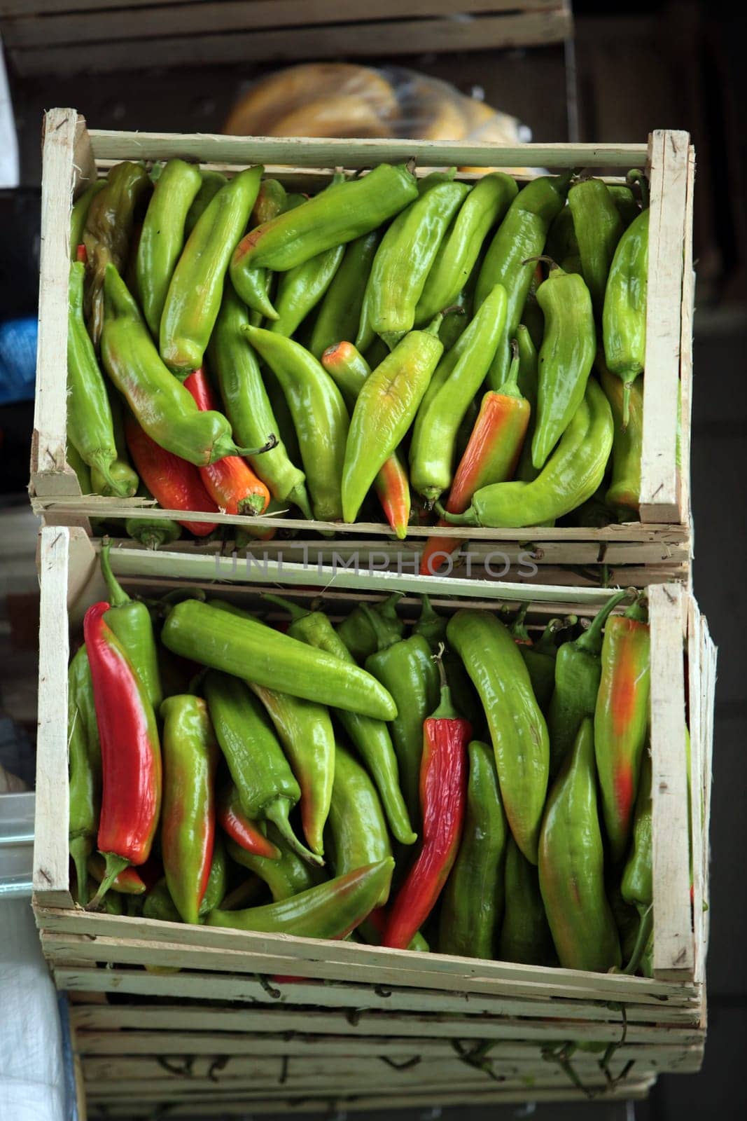 Pepperoni or pepper pods at the market in the old town of Kotor in the inner bay of Kotor on the Mediterranean Sea in Montenegro in Europe.