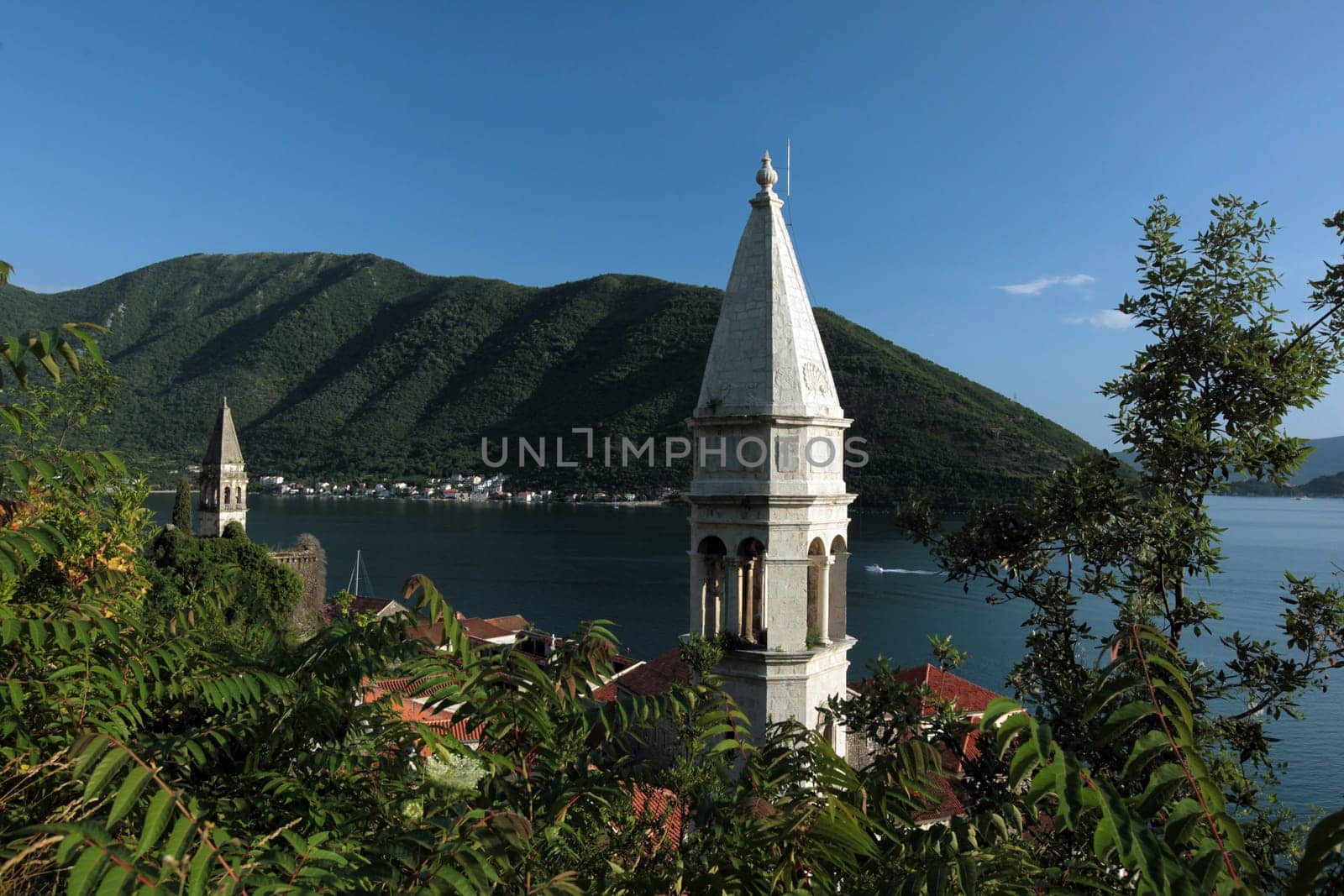 The old town of Persat in the inner bay of Kotor in Montenegro in the Balkans on the Mediterranean Sea in Europe.