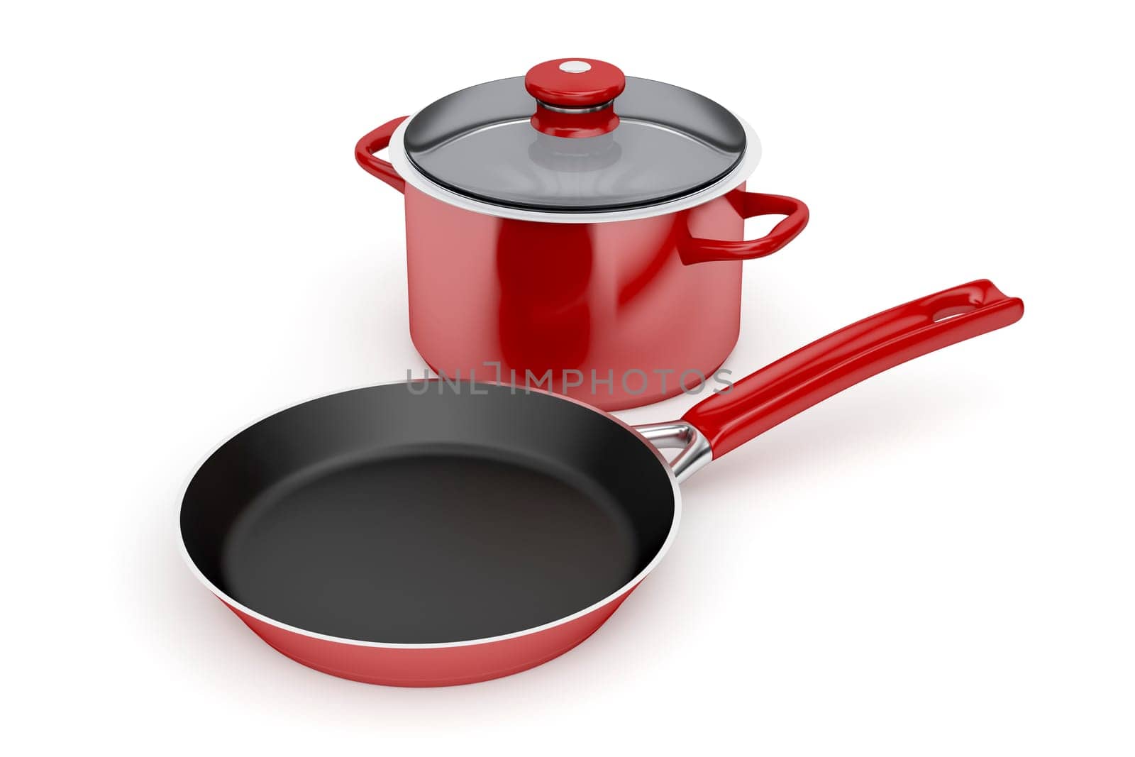 Frying pan and cooking pot on white background