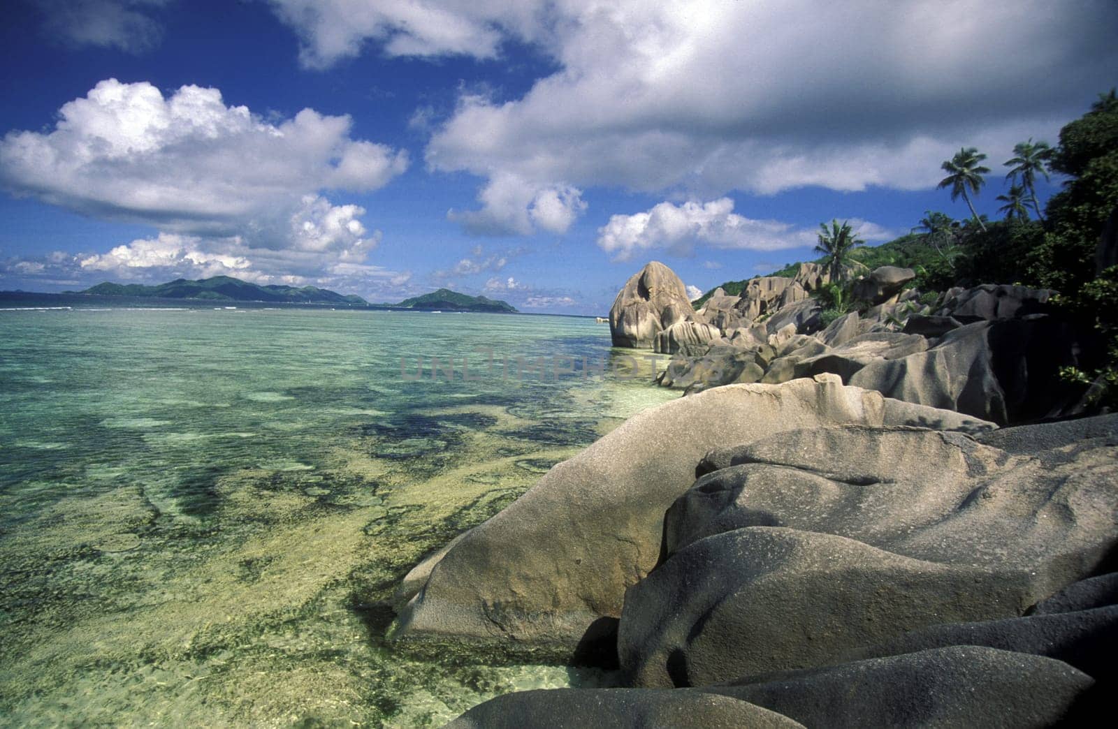 A dream beach on the island of La Digue in the Seychelles archipelago in the Indian Ocean in Africa.