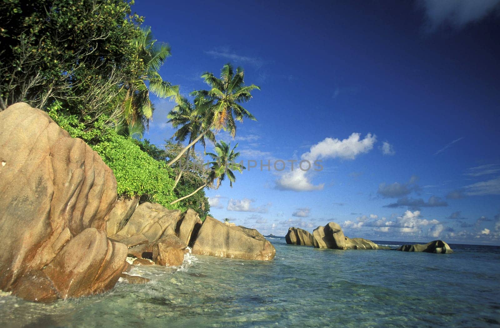 A dream beach on the island of La Digue in the Seychelles archipelago in the Indian Ocean in Africa.