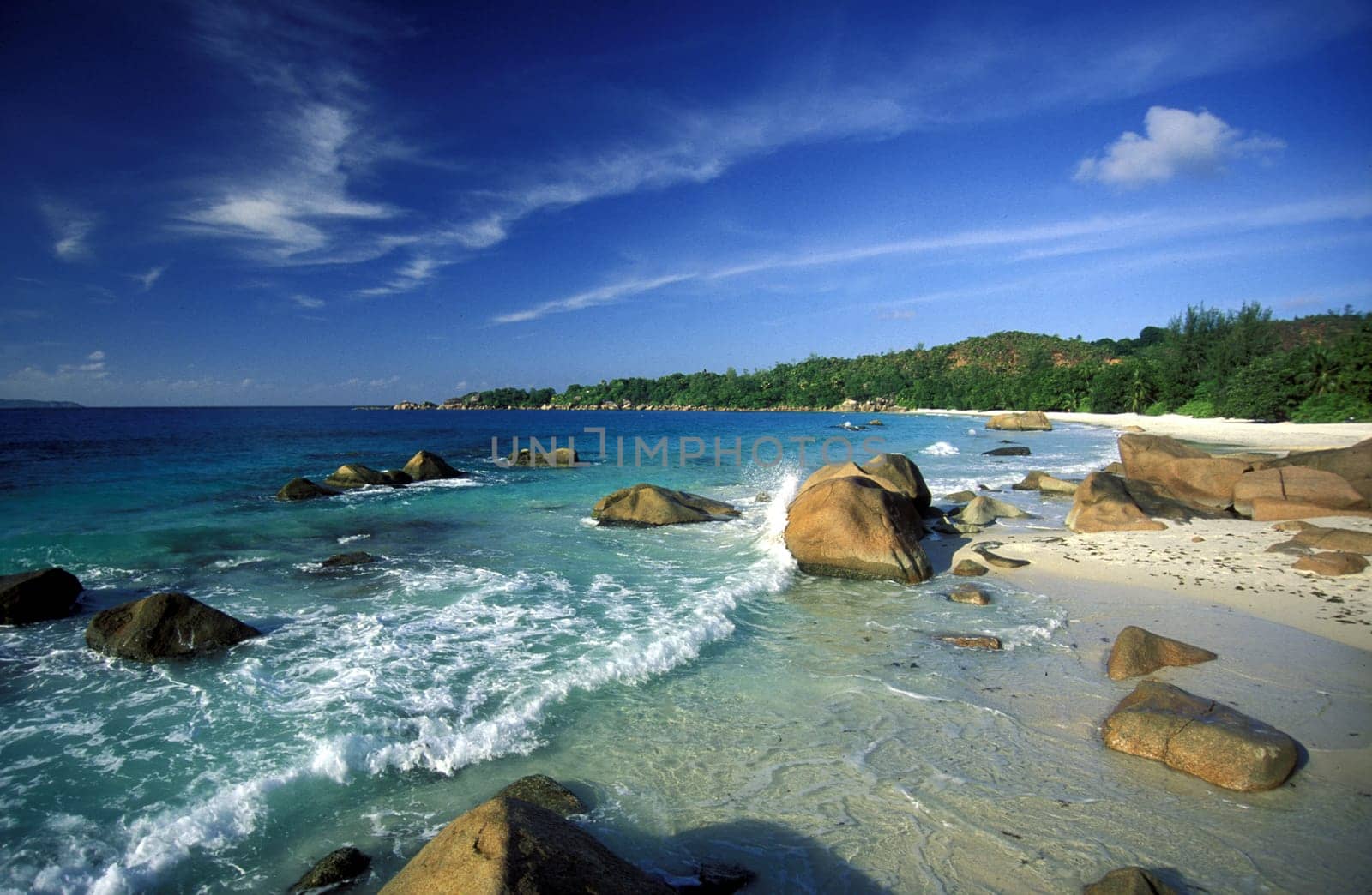 The landscape on the island of Mahe in the Seychelles in the Indian Ocean.