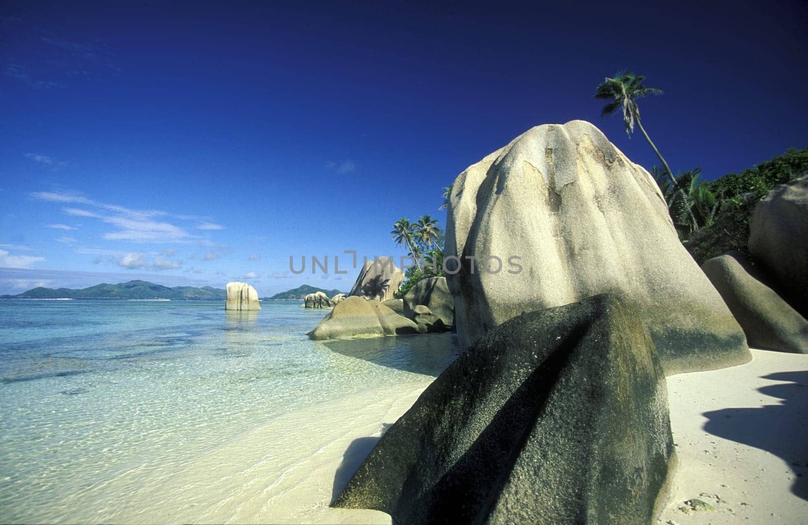 A dream beach on the island of La Digue in the Seychelles in the Indian Ocean.