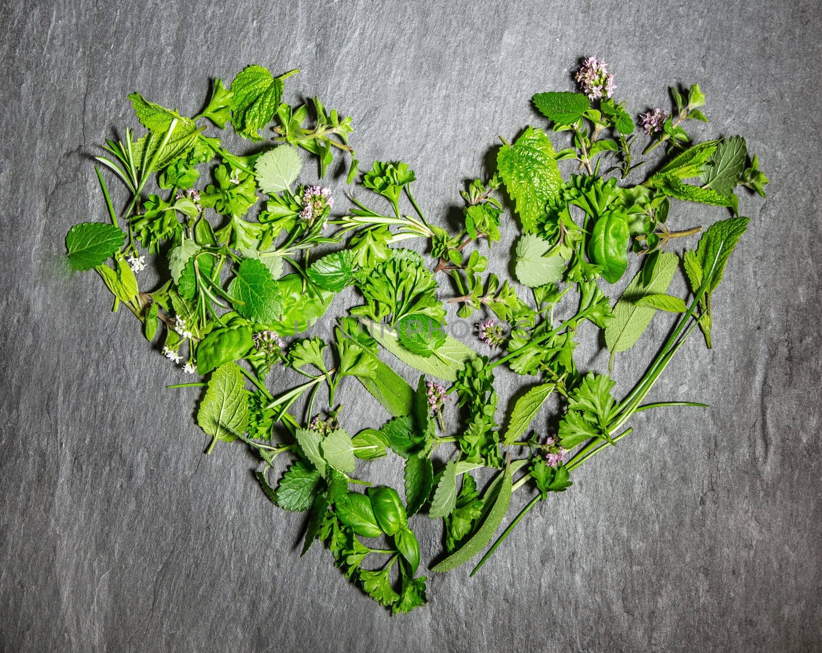 Heart shape formed of mixed fresh green culinary herbs arranged on a slate background symbolic of love, romance or love of cooking