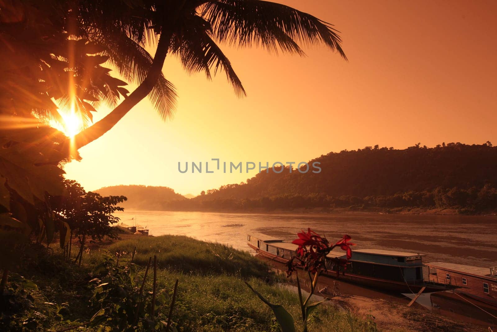 The landscape on the Mekong River in the old town of Luang Prabang in central Laos of Laos in South East Asia.