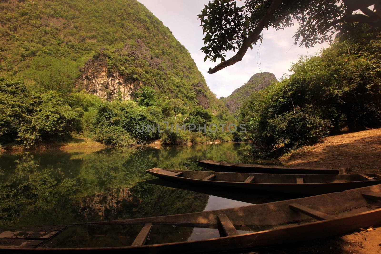 The landscape on the Nam Don or Don River near the village of Tha Falang of Tham Pa Fa near the town of Tha Khaek in central Laos on the border with Thailand in South East Asia.