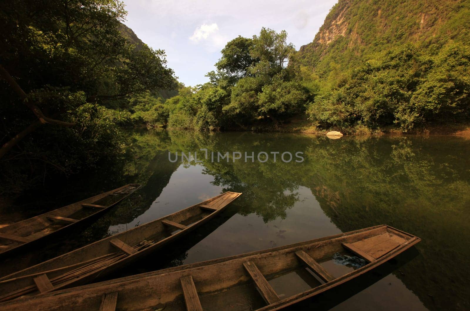 The landscape on the Nam Don or Don River near the village of Tha Falang of Tham Pa Fa near the town of Tha Khaek in central Laos on the border with Thailand in South East Asia.