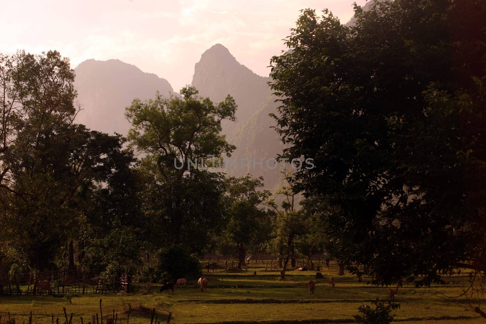 The hilly landscape on highway 12 between the city of Tha Khaek and the village of Mahaxai Mai in central Laos on the border with Thailand in South East Asia.