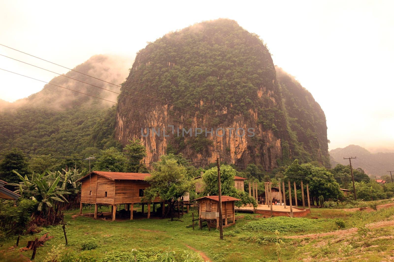 The hilly landscape on highway 12 between the city of Tha Khaek and the village of Mahaxai Mai in central Laos on the border with Thailand in South East Asia.