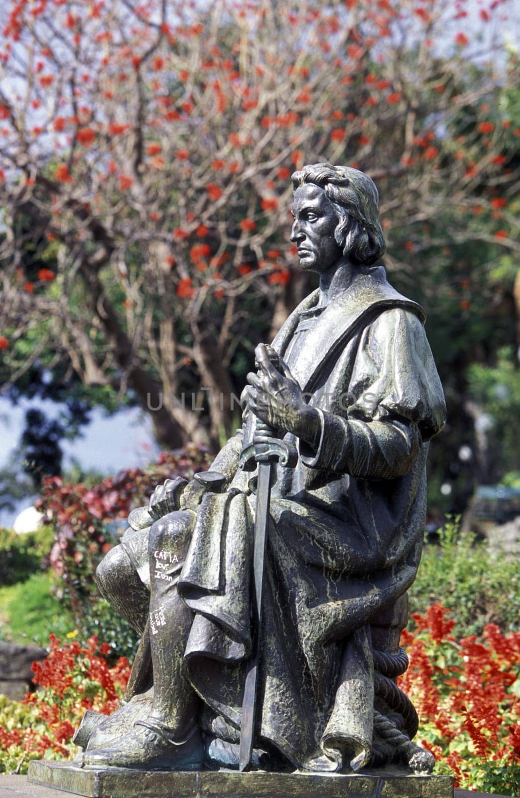 The statue of Columbus in the city centre of Funchal on the flower island of Madeira,Portugal.