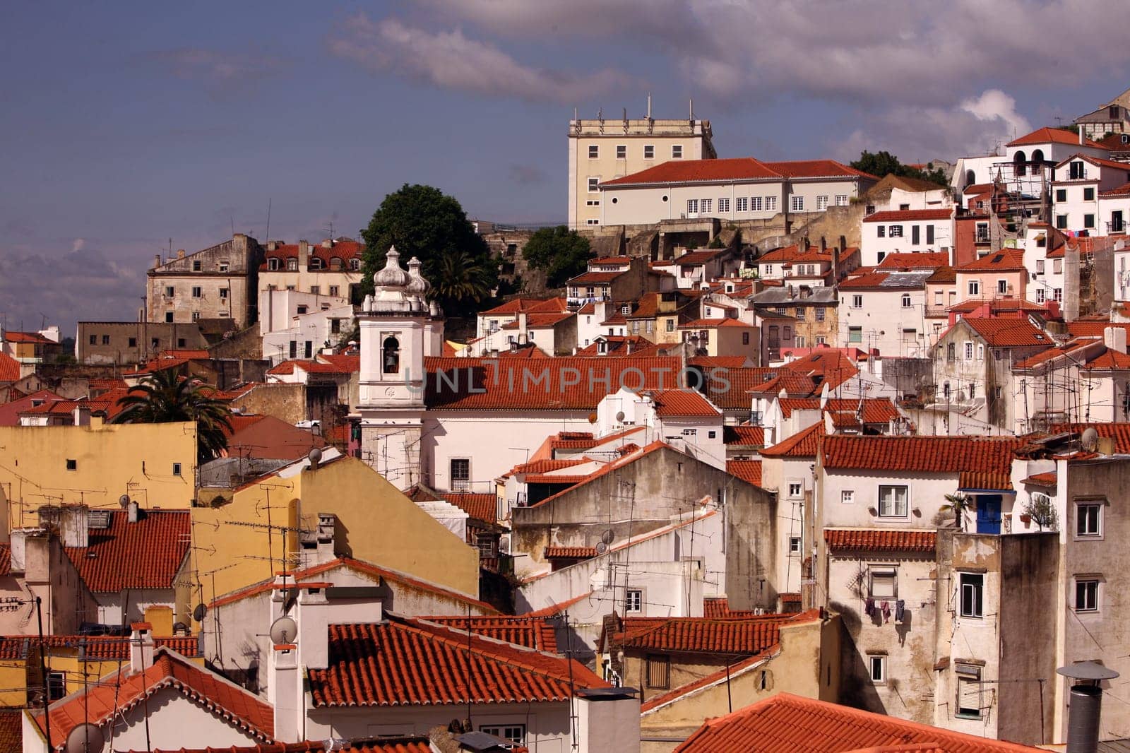 The view over the old town of Alfama in the city center of the capital Lisbon in Portugal.
