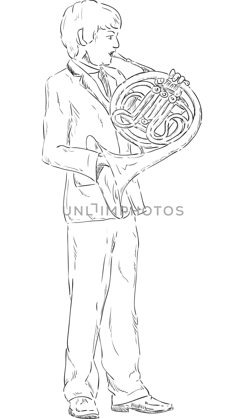 vector - a young boy playing french horn - isolated on background