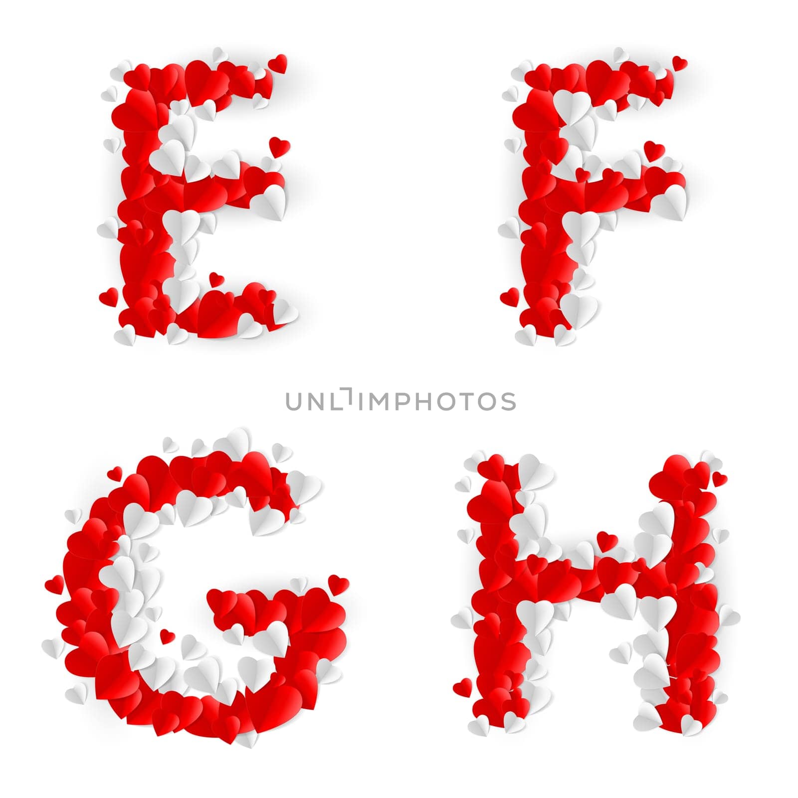 Letters E, F, G, H made of paper hearts