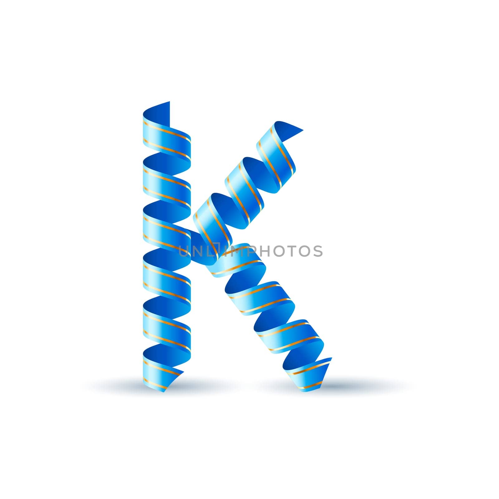 Letter K made of blue curled shiny ribbon