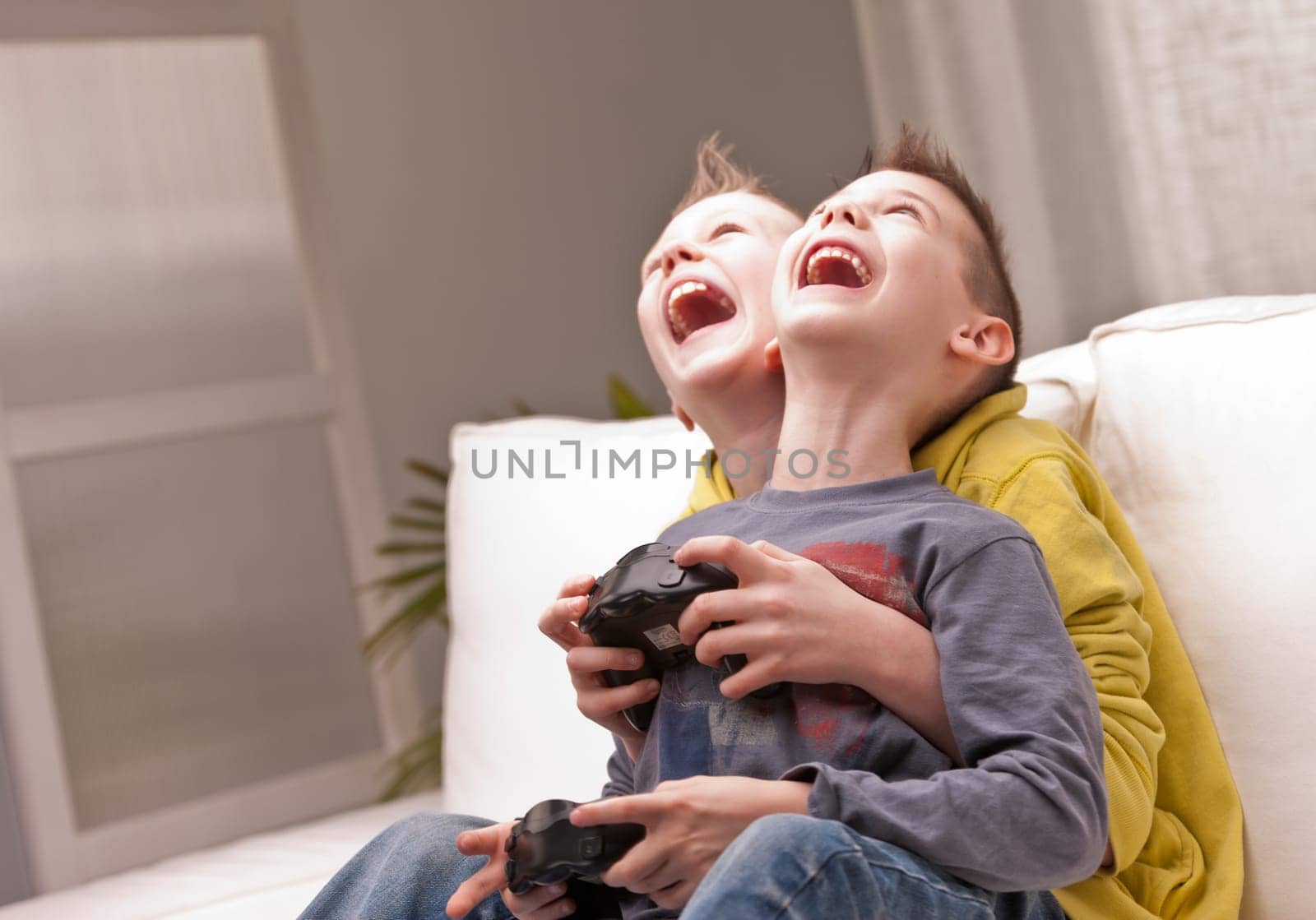 two little boys having lots of fun with video games