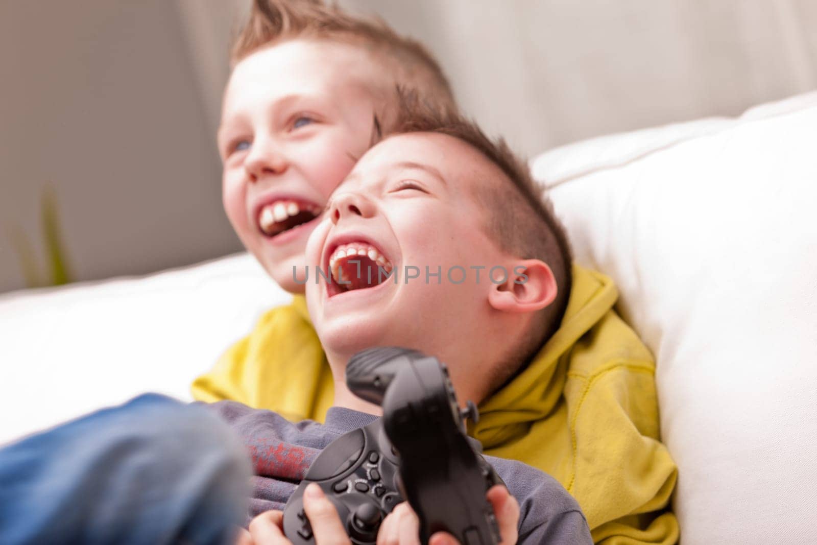 two little boys having lots of fun with video games