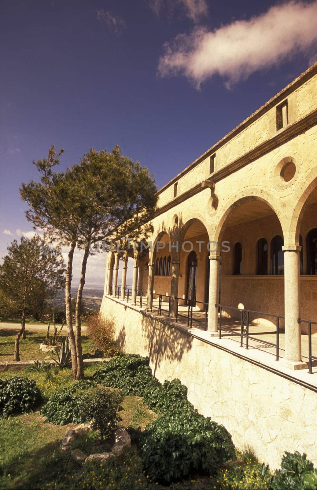 The courtyard of the Monastery of Santuari de la Mare de Deu de Cura on the puig de Randa mountain in the centre of the island of Mallorca,one of the Balearic islands in the Mediterranean Sea.