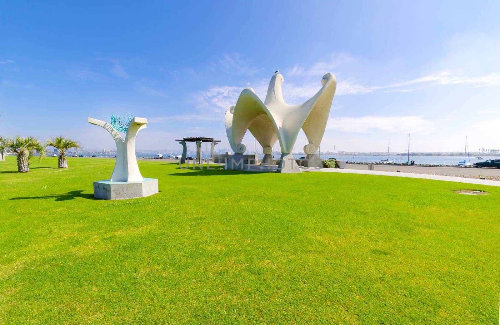 The Pacific Portal, aka Shelter Island Gazebo, at Point Loma, in San Diego, Southern California, United States of America. An Architectural arched art structure with mosaic tile ceiling and pathways.