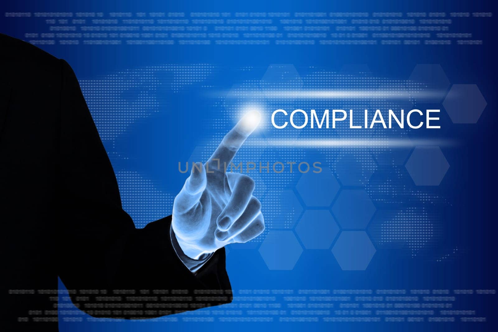 business hand pushing compliance button on a touch screen interface