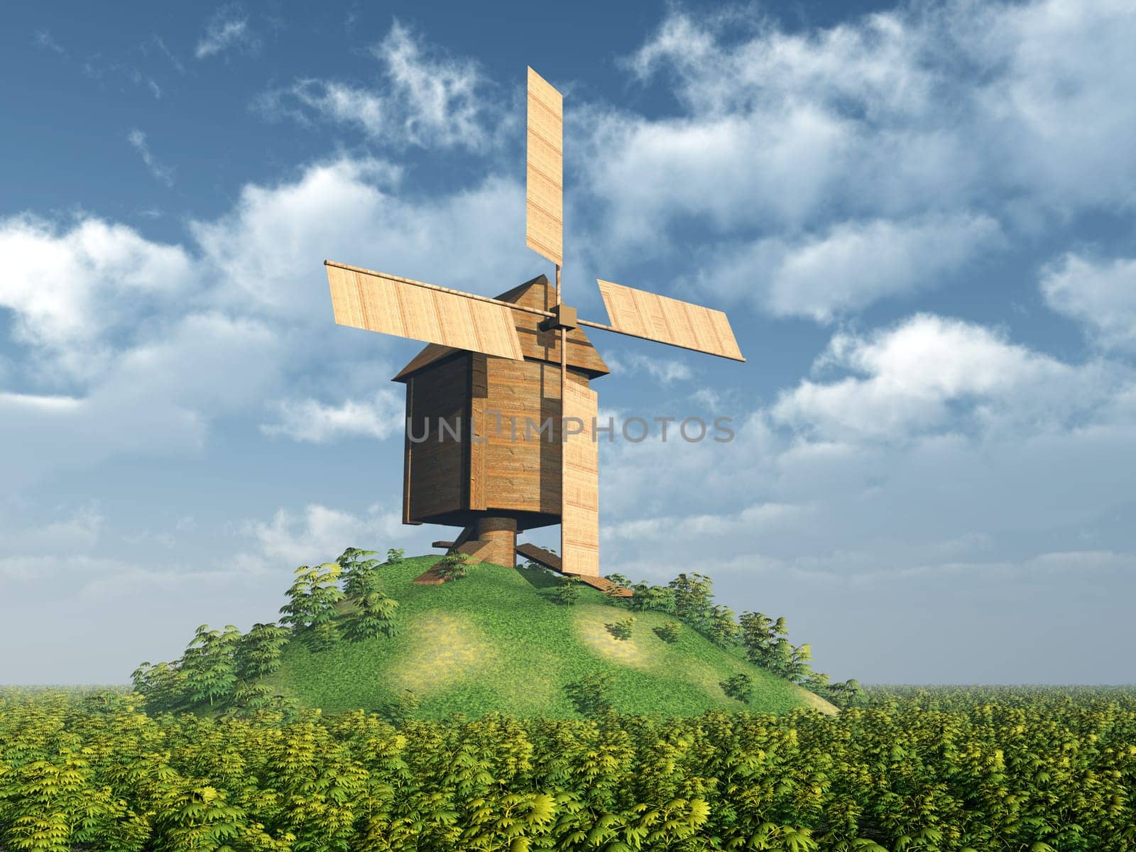Computer-generated 3D illustration with a windmill on a hill